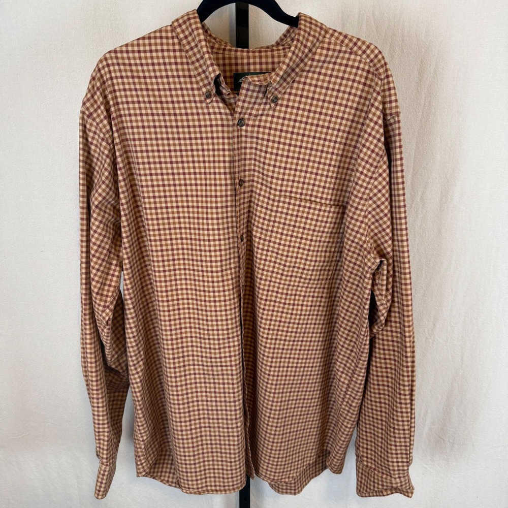 Eddie Bauer Mens XL Tall Relaxed Fit Gingham Button Down Shirt Brown Cotton